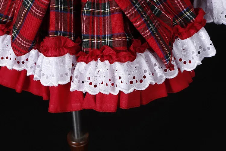 3PCS Autumn Winter Red Plaid Vintage Spanish Pompom Ball Princess Dress with Hat Pants for Christmas