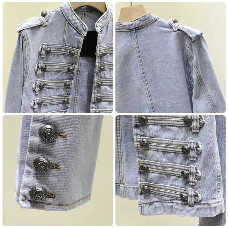 Retro Military Style Handsome Stand Collar Denim Jackets Female Double-breasted