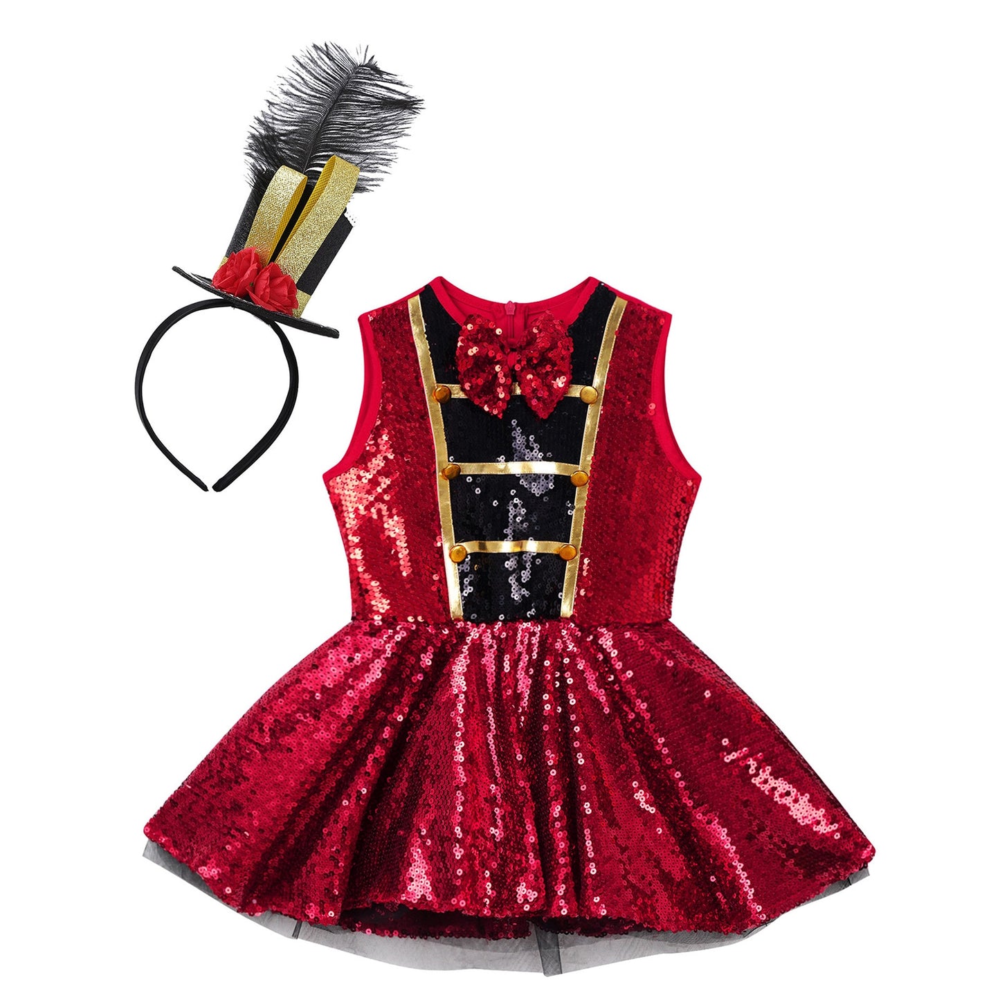 Children Girls Circus Ringmaster Costumes Shiny Sequins Leotard Dress with Feather Hat for Halloween Carnival Party Dress Up