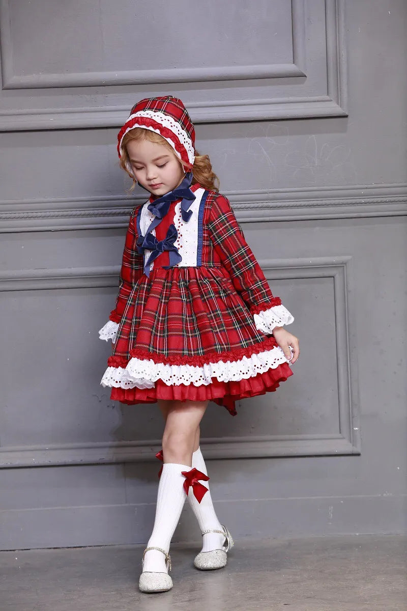 3PCS Autumn Winter Red Plaid Vintage Spanish Pompom Ball Princess Dress with Hat Pants for Christmas