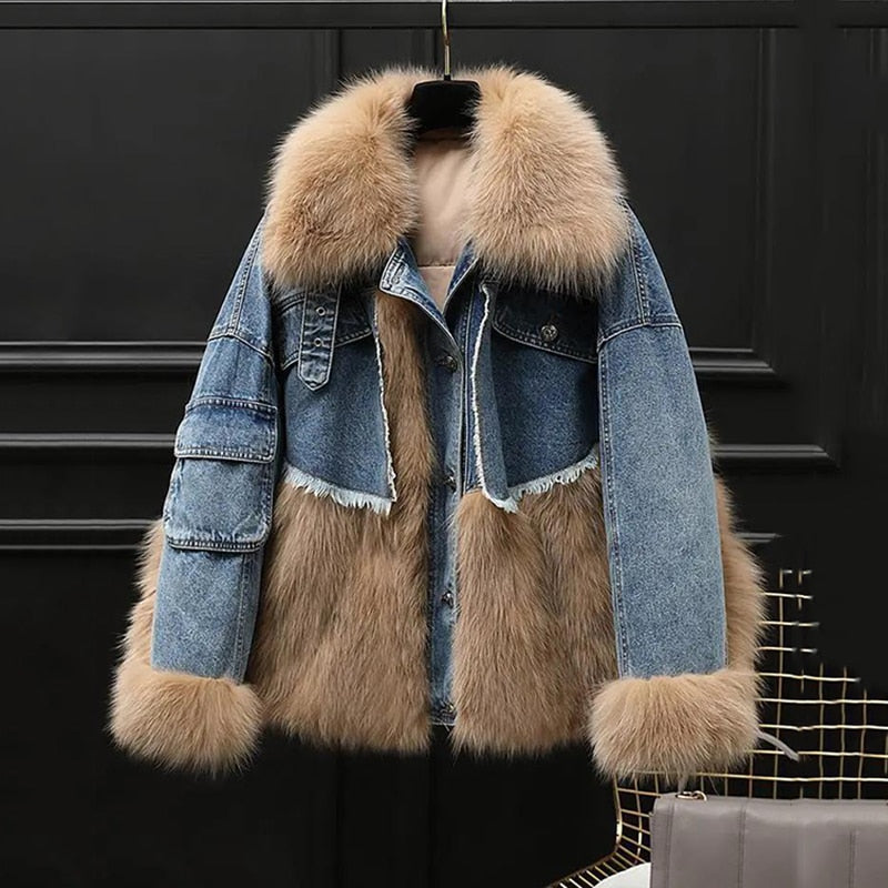 Women Winter Denim Jacket Oversize Large Fur Collar Plus