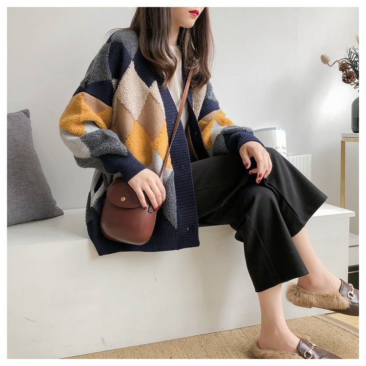 Colorfaith Plaid Chic Cardigans Button Puff Sleeve Checkered Oversized Women's Sweaters Winter Spring Sweater Tops