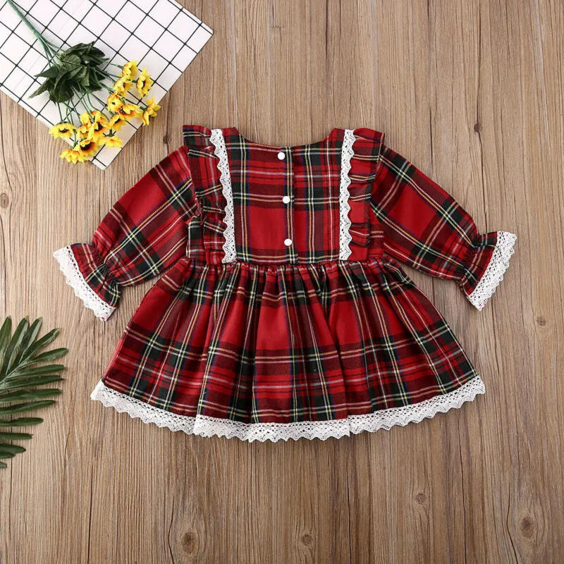 Christmas  Baby Girl Princess Dress Red Plaid Ruffles Lace Tutu Dress 1-6Y