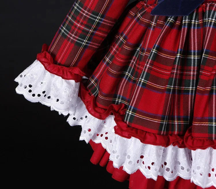 3PCS Autumn Winter Red Plaid Vintage Spanish Pompom Ball Princess Dress with Hat Pants for Christmas