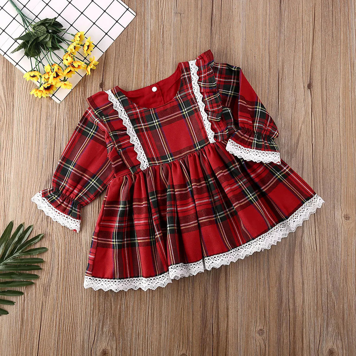 Christmas  Baby Girl Princess Dress Red Plaid Ruffles Lace Tutu Dress 1-6Y