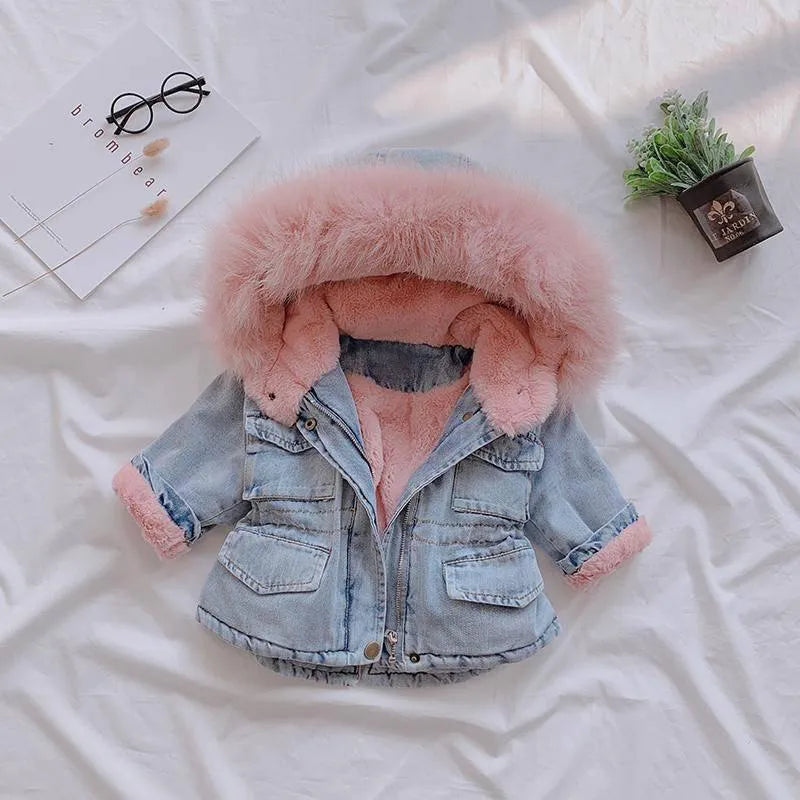 Baby Girls Coats Clothes 2023 Winter Denim Jackets With Fur Hooded Coats For Girls Cotton Thicken