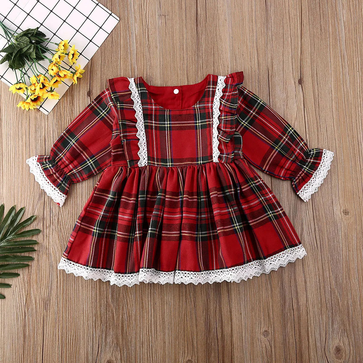 Christmas  Baby Girl Princess Dress Red Plaid Ruffles Lace Tutu Dress 1-6Y