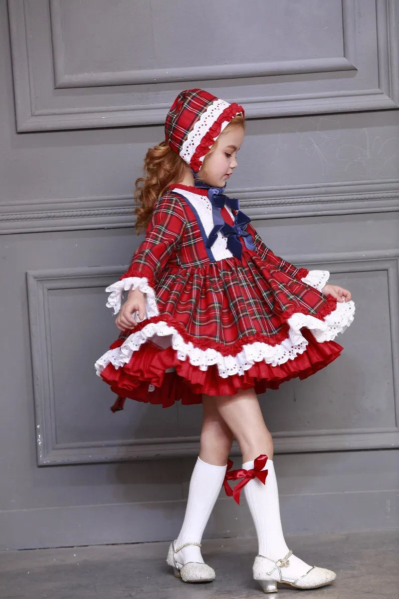 3PCS Autumn Winter Red Plaid Vintage Spanish Pompom Ball Princess Dress with Hat Pants for Christmas