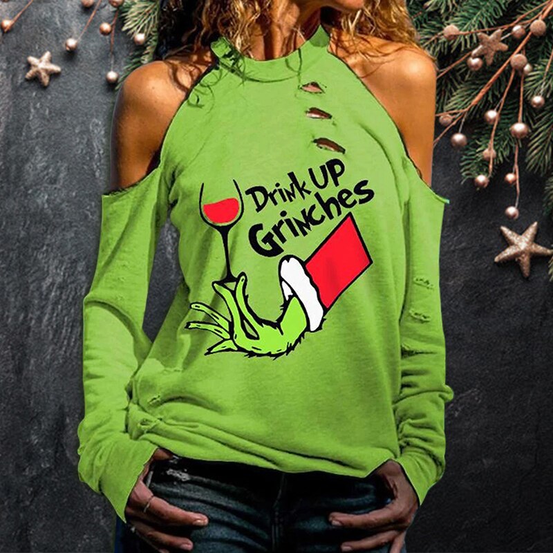 Drink Up Grinches Green Pattern Print T-shirt Cutout Cold Shoulder Long Sleeve Sweatshirt Knitted Tops for Women