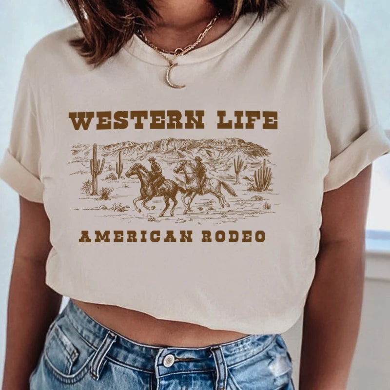 Cowboy Rodeo Retro Women T-Shirt Cowgirl Western Style Country Vintage T Shirt Cotton Short Sleeve Cute Aesthetic Tee Shirt Tops