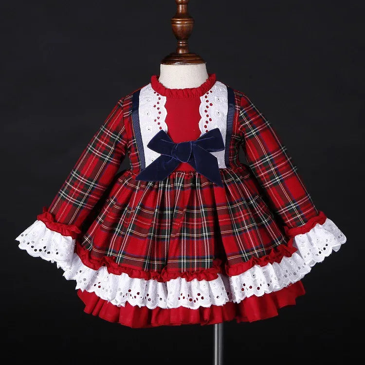 3PCS Autumn Winter Red Plaid Vintage Spanish Pompom Ball Princess Dress with Hat Pants for Christmas