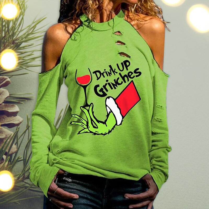 Drink Up Grinches Green Pattern Print T-shirt Cutout Cold Shoulder Long Sleeve Sweatshirt Knitted Tops for Women