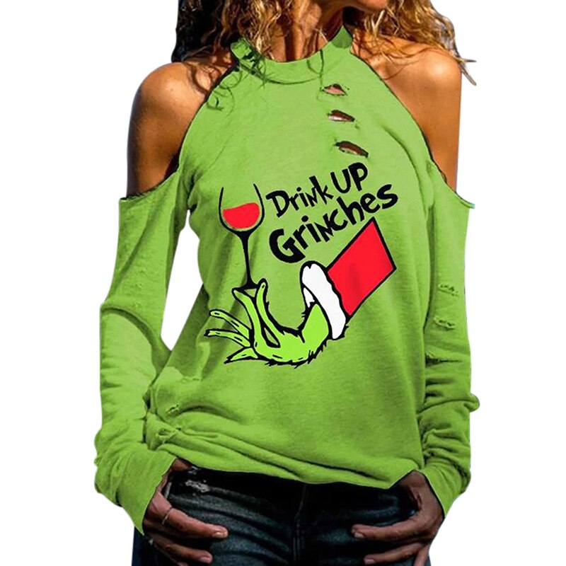 Drink Up Grinches Green Pattern Print T-shirt Cutout Cold Shoulder Long Sleeve Sweatshirt Knitted Tops for Women