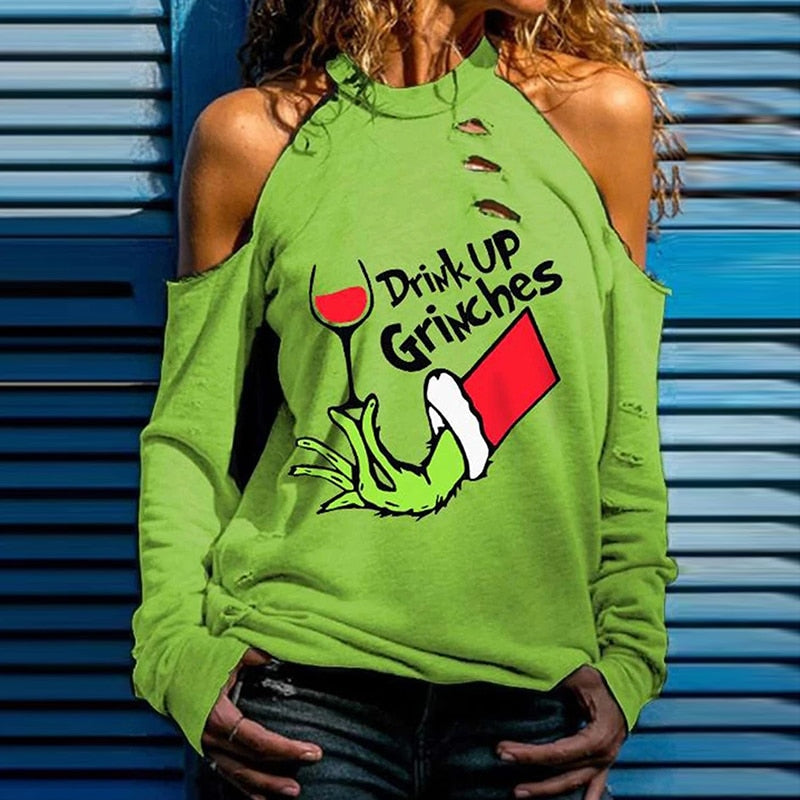 Drink Up Grinches Green Pattern Print T-shirt Cutout Cold Shoulder Long Sleeve Sweatshirt Knitted Tops for Women