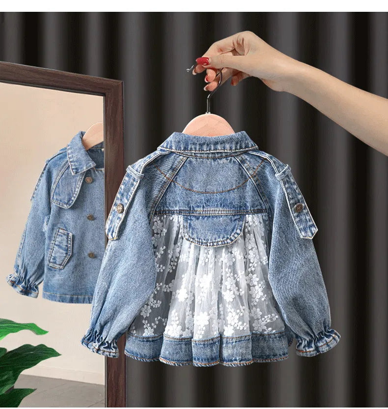 Spring Children's Denim Jackets Girl Jean Embroidery Jackets Girls Kids clothing baby Lace coat Casual outerwear Windbreaker