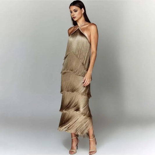 Evening Party Women Dress Halter Neck Off Shoulder Fringe Multi-layered Cake Hem Backless Split Rumba Cha-cha Dance Competition