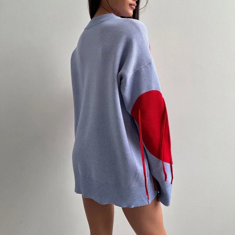 Sweater Women Valentines Day Clothes Tassel Heart Print Round Neck Long Sleeve Pullover Tops 2000s Streetwear