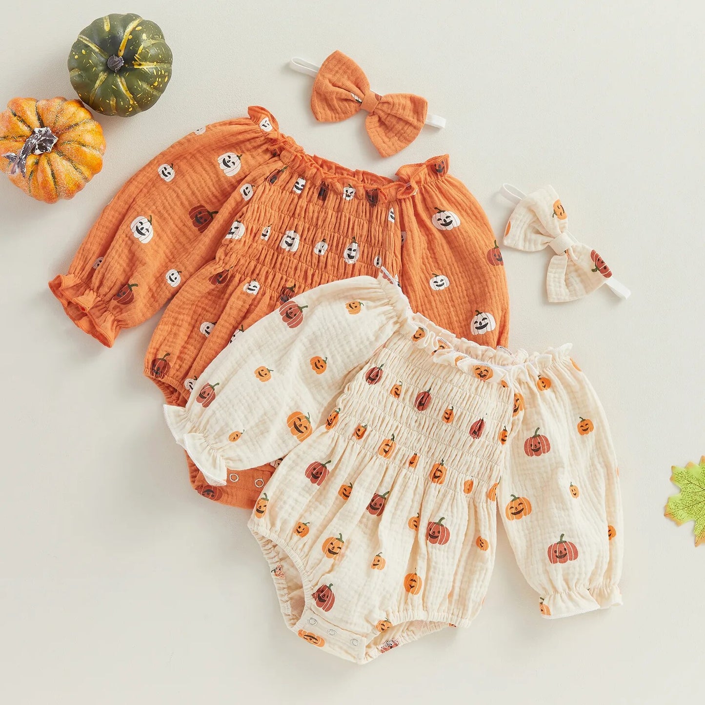 Baby-Girl Halloween Jumpsuit Cartoon Pumpkin Print Ruched Off Shoulder Long Sleeve Romper And Bow Headband