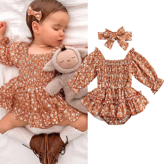 Cute Sweety Baby Girls Spring Autumn Romper Dresses Long Sleeve Off Shoulder Floral Print Tutu Romper with Headband For Toddler