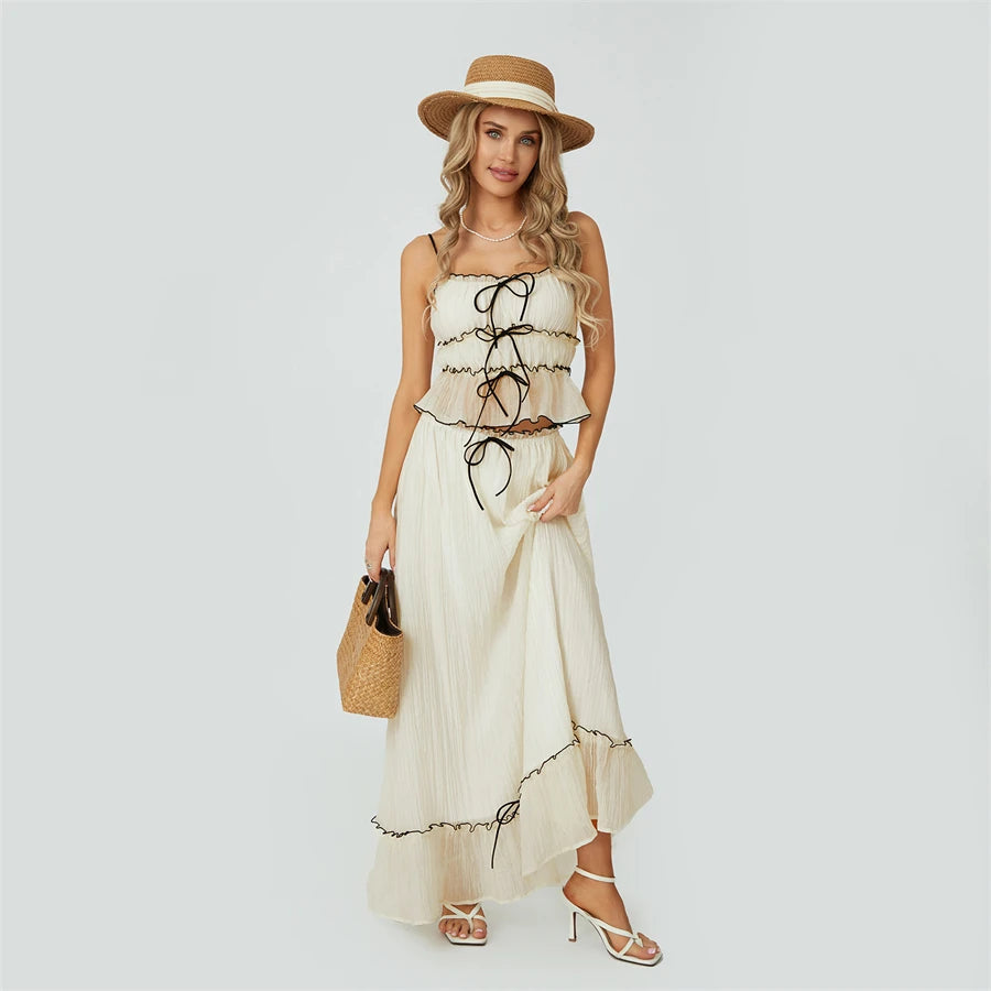 Women 2 Piece Ruffle Maxi Skirt Set Front Tie Up Tank Top and Flowy Ruffle Long Skirts Summer Vacation Beach Outfits.