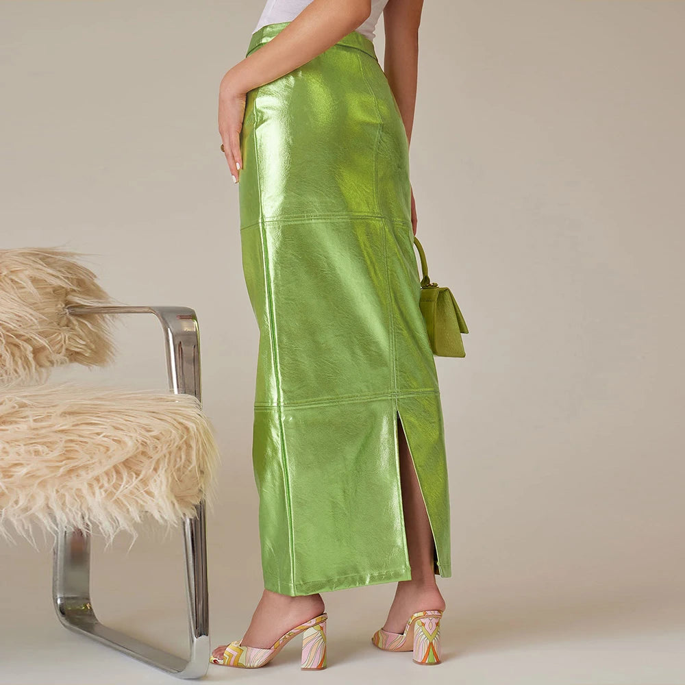 Sexy Sparkly Slit Luxury Long Skirts Women High Waist Metallic Green Slim Maxi Skirt 2023 Elegant Birthday Party Clothes