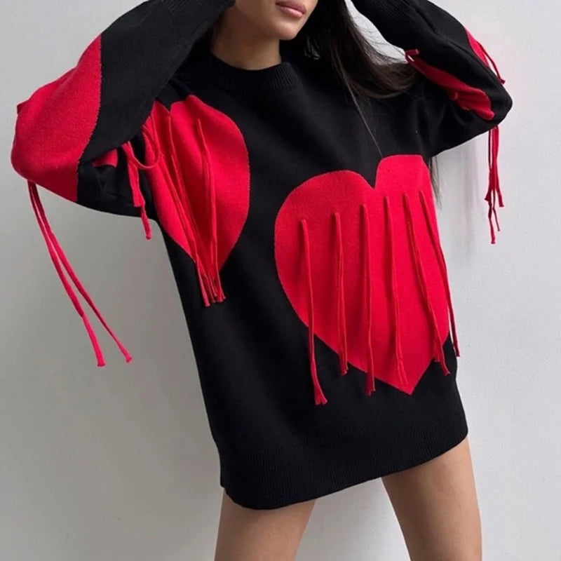 Sweater Women Valentines Day Clothes Tassel Heart Print Round Neck Long Sleeve Pullover Tops 2000s Streetwear