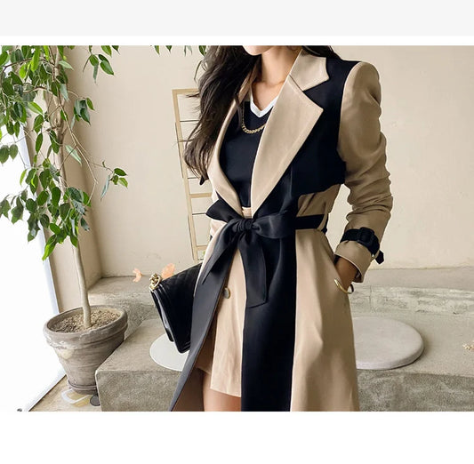 Elegant Notched Collar Lady Patchwork Windbreaker Full Sleeve Buttons Belted Women Long Trench Coats 2024