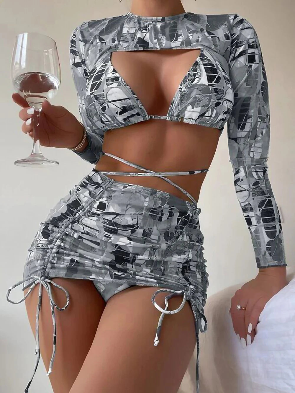 High Waist Drawstring Print Bikini Set 4 Pieces Swimsuit For Women Micro Swimwear Beachwear Long Sleeve Bathing Suit Biquini