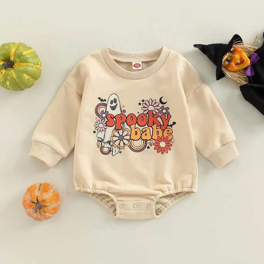 Baby Girl-Boy Halloween Romper Ghost Print Crew Neck Long Sleeve Sweatshirt Jumpsuit Fall Clothes for Toddlers