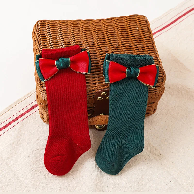 Baby Girls Christmas Socks Kids Big Bow Red Knee High Long Socks Soft Cotton Children Sock Newborn Gift Socken For 0-5 Years