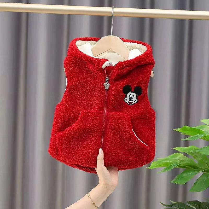 Autumn-Winter New Boy-Girl Mickey Mouse Cartoon Warm Cotton Hooded Vest Kids Cashmere Outer Vest