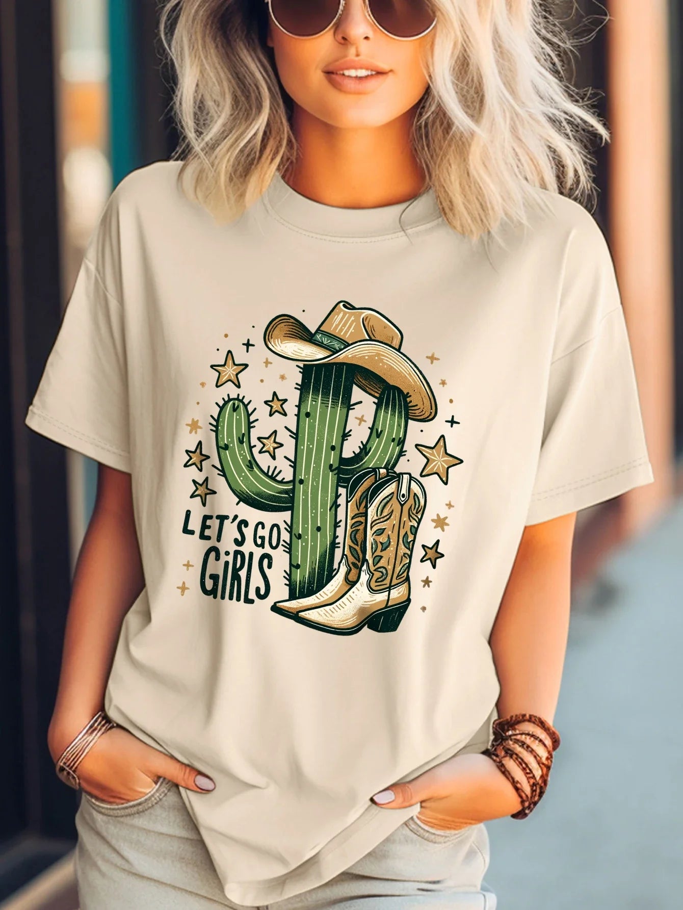 Retro Cute Western Cowboy With Hat Cactus And Stars Print T-shirt,