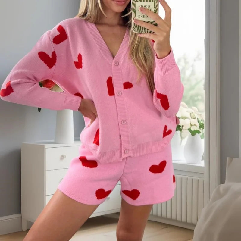 Women Knitted Set Clothes Heart Print V Neck Long Sleeve Cardigan Tops and Shorts Valentines Day Outfit Streetwear