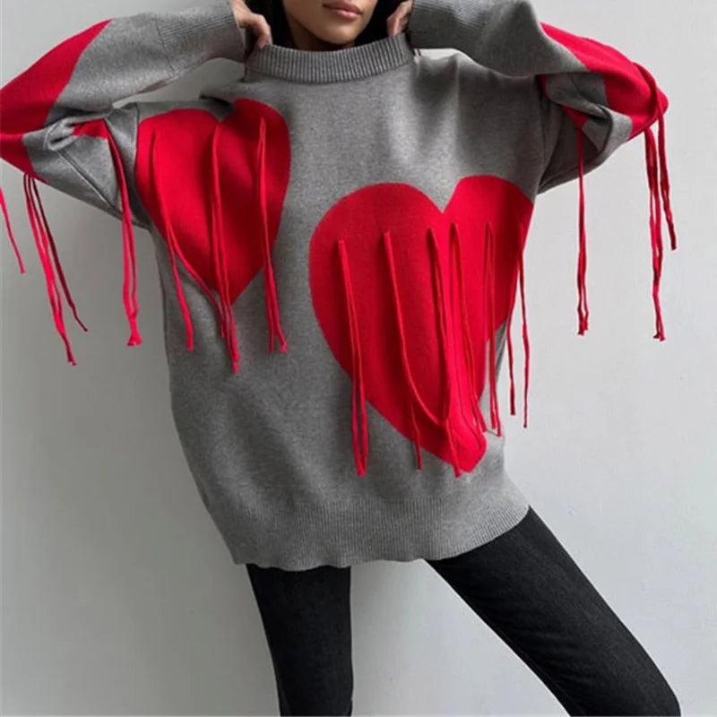 Sweater Women Valentines Day Clothes Tassel Heart Print Round Neck Long Sleeve Pullover Tops 2000s Streetwear