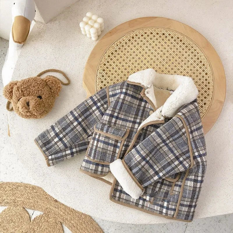 Autumn Winter Fashion Vintage Harajuku Girls Coat Kawaii Tops All Match Sweet Kids Jacket Plaid Plus Velvet Children's Clothes