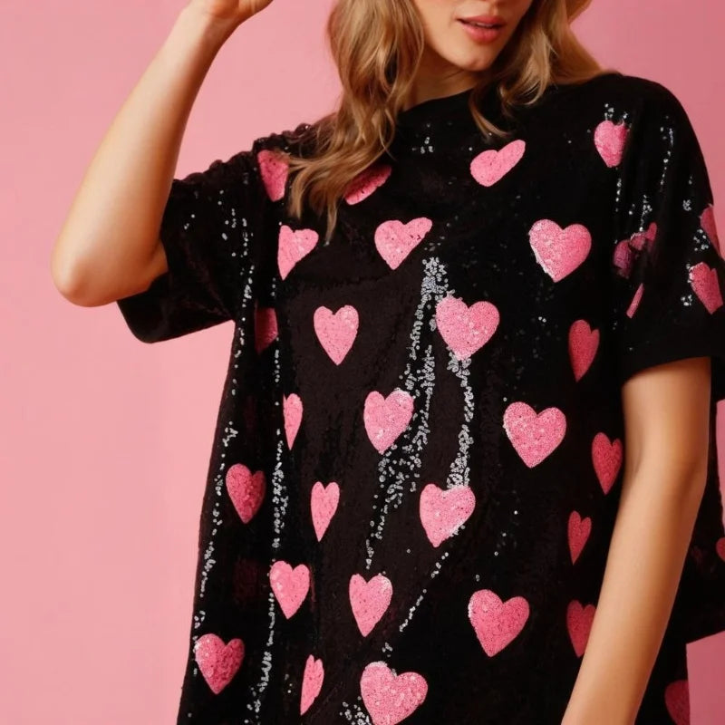 Party Dress Women Valentines Day Sequins Heart Print Round Neck Half Sleeve Short Mini Dress Fashion Club Dresses