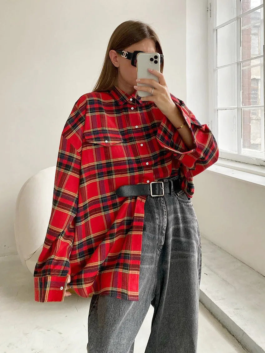 Autumn-Winter Collection Versatile  Oversized Shirts For Women Stylish Casual Trendy Retro Plaid Blouse Loose Jacket