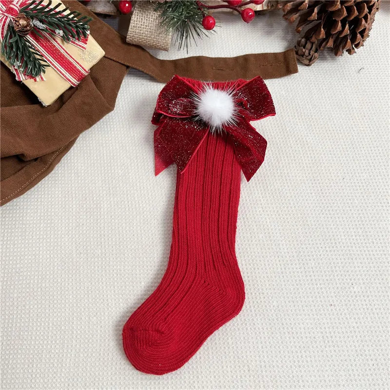 Winter Baby-Girls Christmas Socks Kids Knee High Sock Woolen Leg Warmers Children Soft Cotton Red Long Socks For 0-5Years