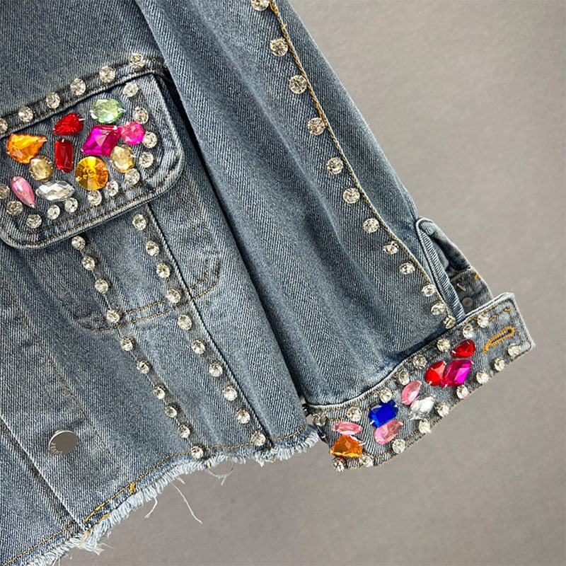 Women Short Denim Jacket Coat Spring New Pearl Diamonds Chain Tassel Frayed Burrs Hem Half Sleeve Female Jeans Jacket Streetwear