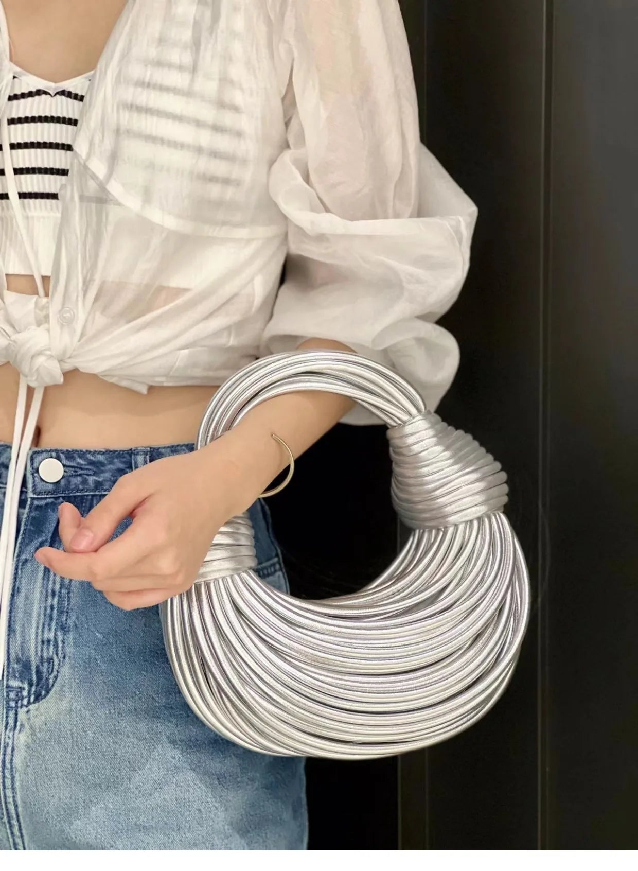 Handbags for Women New in Gold Luxury Designer Brand Handwoven Noodle Bags Rope Knotted Pulled Hobo Silver Evening Clutch