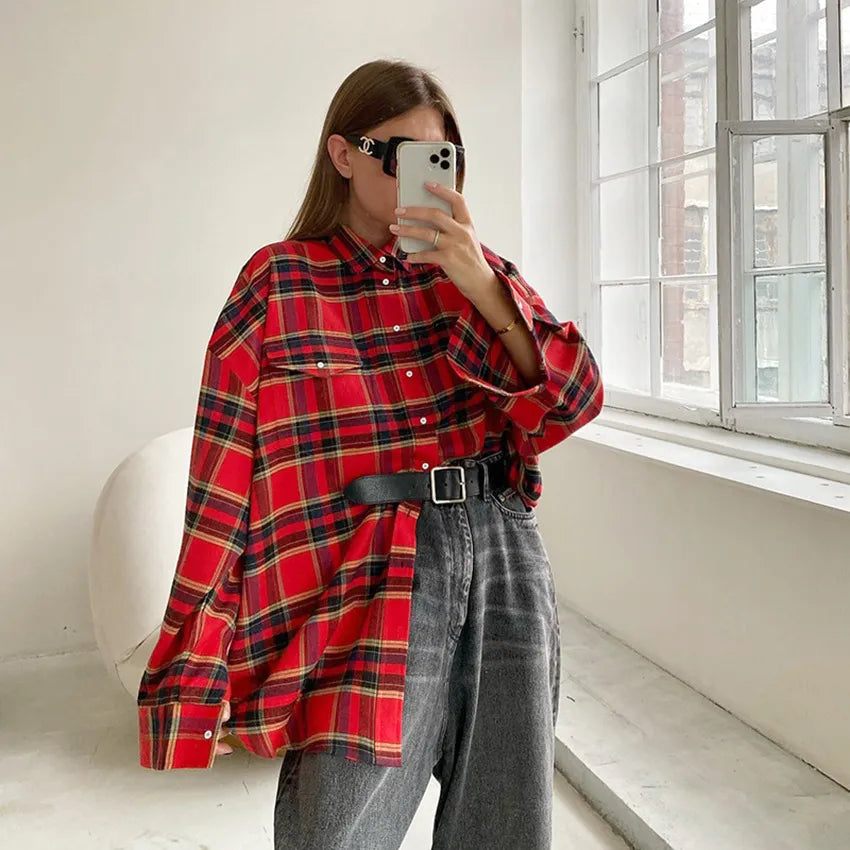 Autumn-Winter Collection Versatile  Oversized Shirts For Women Stylish Casual Trendy Retro Plaid Blouse Loose Jacket