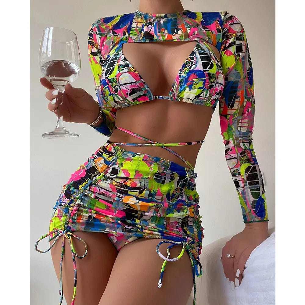 High Waist Drawstring Print Bikini Set 4 Pieces Swimsuit For Women Micro Swimwear Beachwear Long Sleeve Bathing Suit Biquini