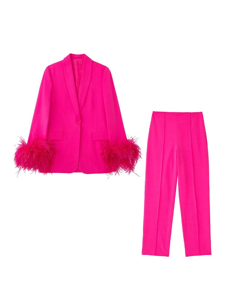 Feathers Sleeve Blazer Pant Sets Women Fashion Autumn Winter 2023