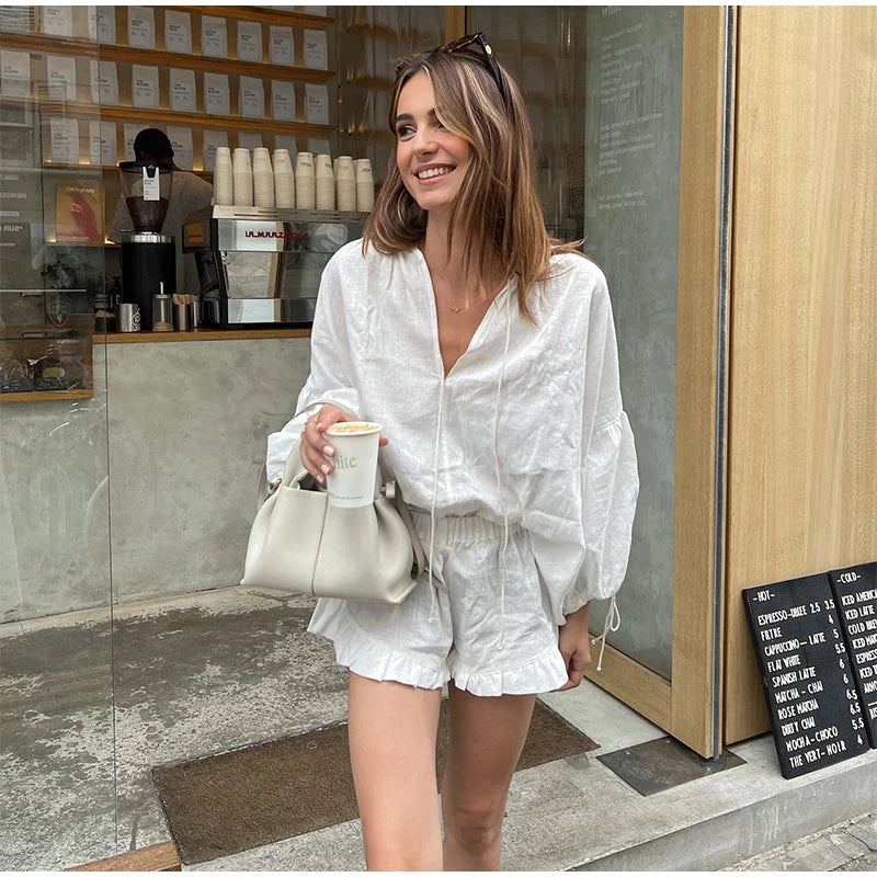 Summer Casual V-neck Drawstring Long Sleeved Top Sets Women Fashion Loose Ruffle Shorts Suits 2024 Lady Highstreet Beach Outfits