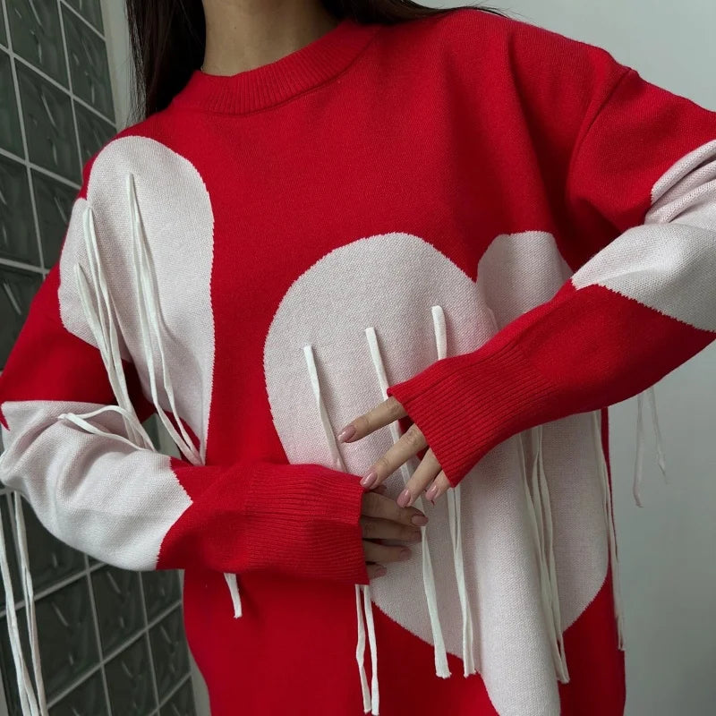 Sweater Women Valentines Day Clothes Tassel Heart Print Round Neck Long Sleeve Pullover Tops 2000s Streetwear