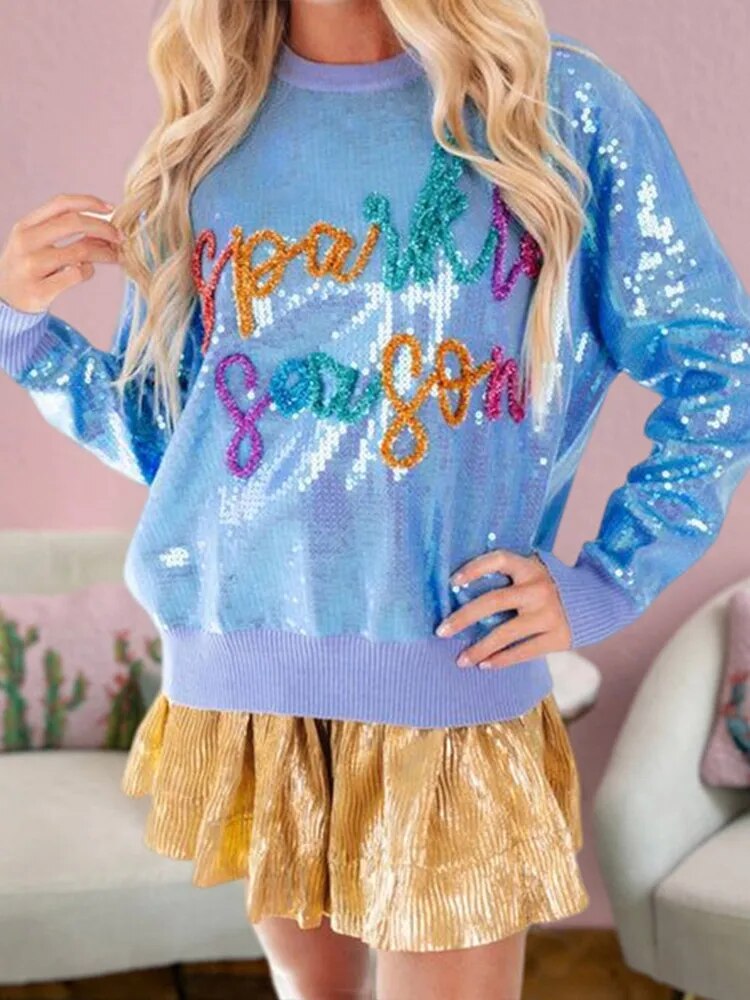 Women's Sparkly Sequin Sweatshirt Lantern Long Sleeve O Neck Party Casual Pullover Tops