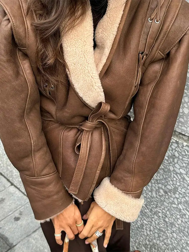 Women Elegant Irregular Hem Plush Lapel Coats Fashion Lace Up Pocket Long Sleeved Jacket 2024 Autumn Winter New Warm Outwear