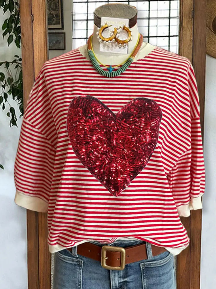 Heart Sequin Striped Print Top Valentine's Day Striped & Heart T-Shirts