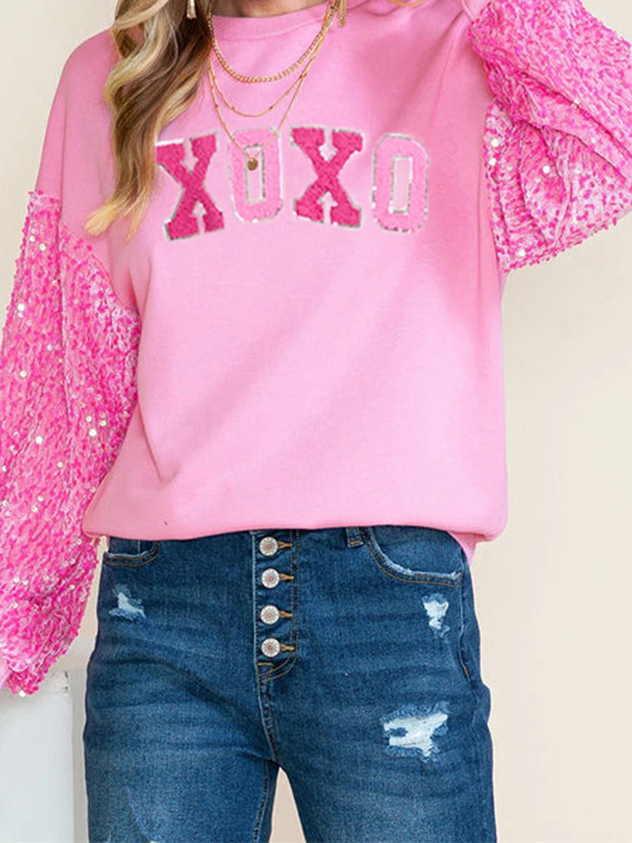 2025 Women's Valentine's Day Sequin Sleeve Sweatshirts Top Letter/Lips/Heart Print All-match Top Sweet Long Sleeve Pullover Tops