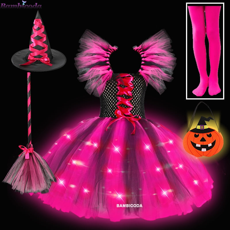 Halloween Girls Witch Dress Princess LED Light Up